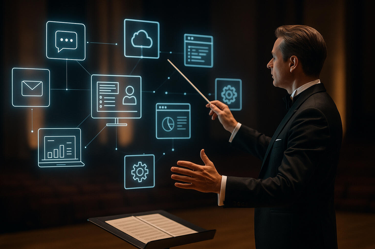 man in suit holding a baton to conduct an array of glowing application icons