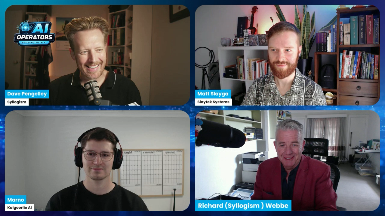 Dave recording the AI Operators podcast live on stage